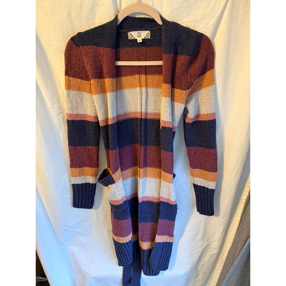 Pink Rose Striped Longline Cardigan Sweater Womens Small Blue Burgundy Belted